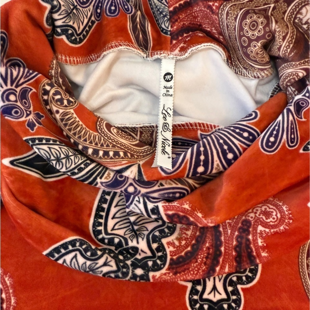 Leo & Nicole Rust Orange and Blue Paisley Cowl Neck Sweater. Large - Picture 6 of 8